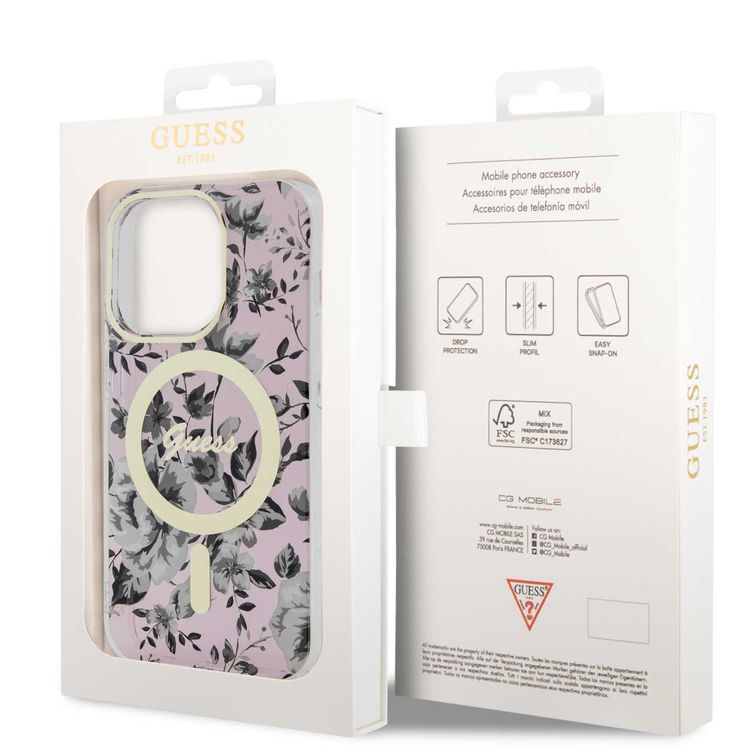 حافظة Guess Magsafe IML بنمط الزهور - القرنفل - iPhone 15 Pro