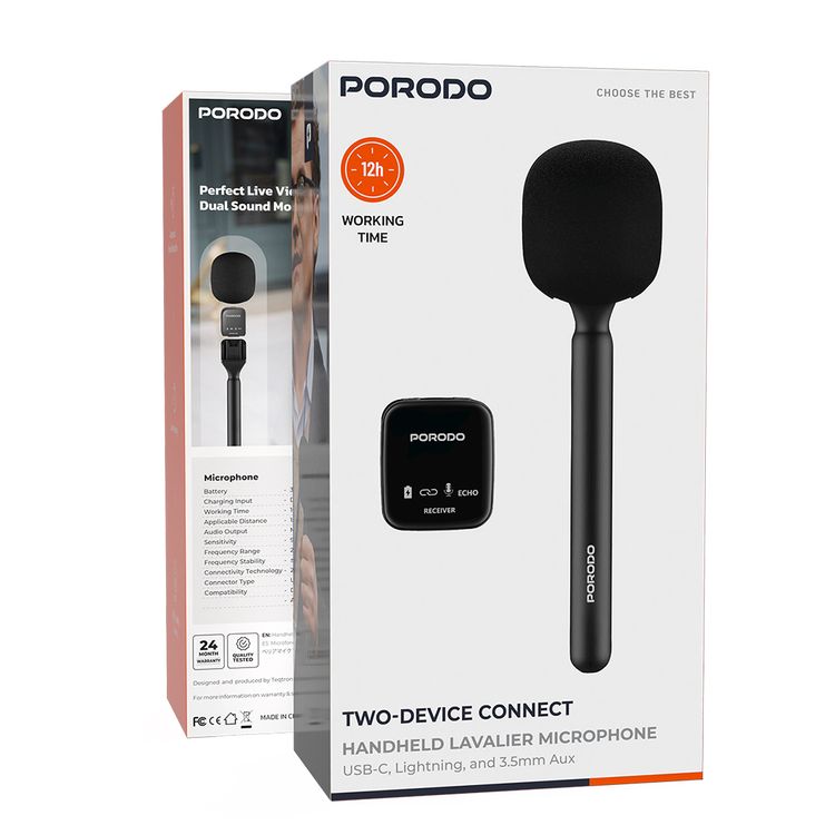 Porodo Two-Device Connect Handheld Lavalier Microphone with Automatic Noise Reduction, Up to 12 Hours Working Time, Auto Pairing, High-Quality Sound, Up to 30m Applicable Distance - Black