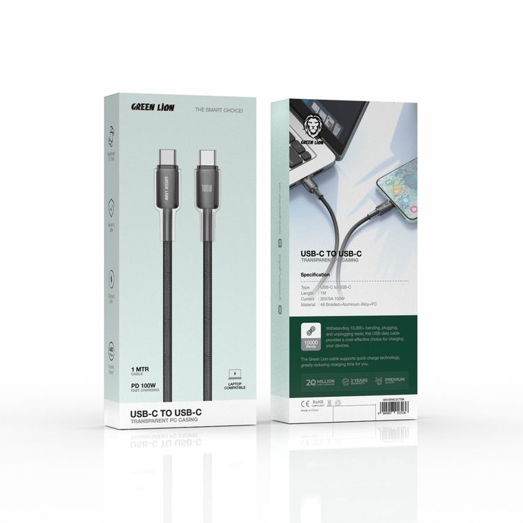 Green Lion USB-C to USB-C Cable with Transparent PC Casing, 1m Cable Length, Braided Cable, 100W Power Delivery, Secure & Safe, 480Mbps Transfer Speed, Charge & Sync - Black