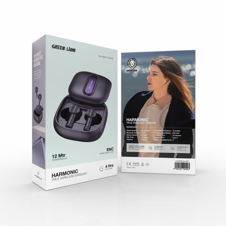 Green Lion Harmonic True Wireless Earbuds with IPX4 Water Resistance, Bluetooth Version 5.3, Multi-Function Touch, 4.5 Hours Talking Time, 4 Hours Playtime, ENC Noise Reduction - Purple