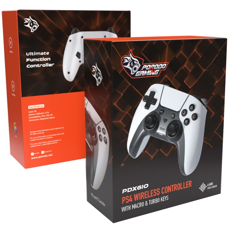 Porodo Gaming PS4 Wireless Gamepad Controller with Macro & Turbo Keys, 7 Hours Working Time, PS4, PS3 & PC Compatibility, RGB Lights, 600mAh Battery Capacity - White / Black