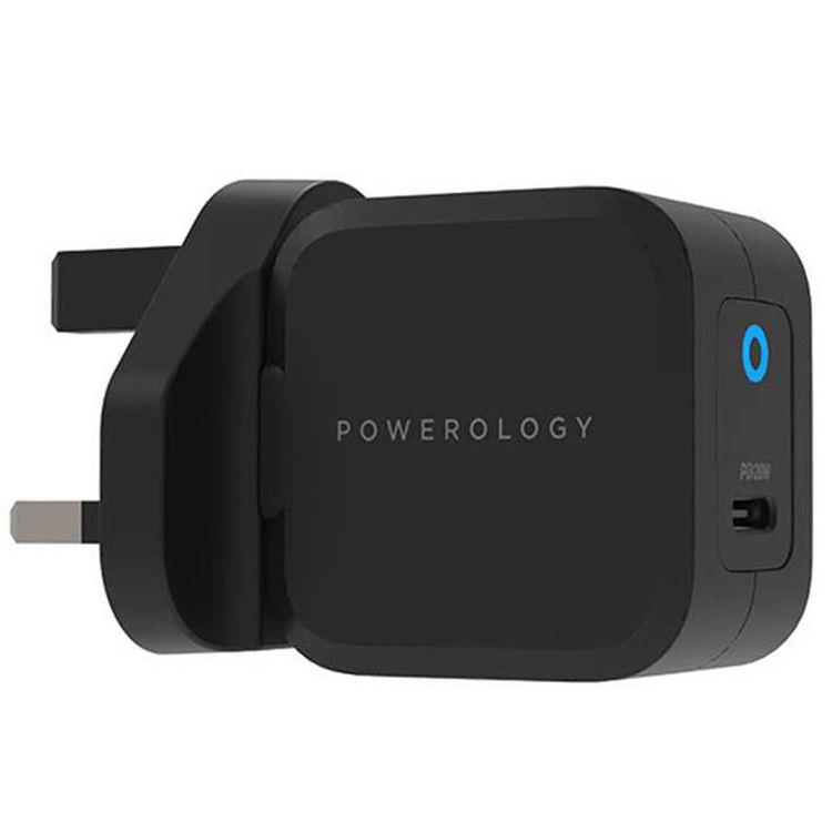 Powerology Ultra-Compact GaN Charger with 20W Power Delivery, UK 3-Pin Plug, Built-in Safeguards, USB-C Fast Charging, 0%-60% Charge in 35 Minutes - Black