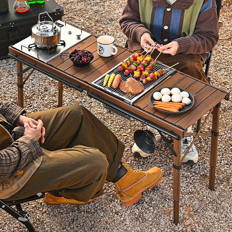 طاولة تخييم قابلة للطي محمولة من بورودو لايف ستايل مع موقد قابل للفصل وشبكة، سعة تحميل 150 كجم، نطاق ارتفاع من 45.5 إلى 58 سم، مادة الألومنيوم - بني
