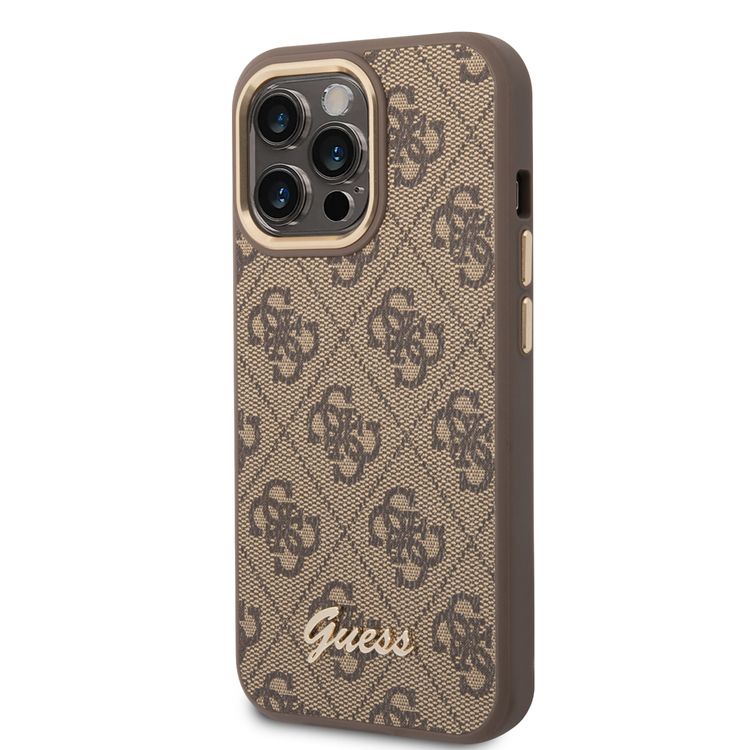 Guess PC/TPU 4G PU Case with Metal Camera Outline & Buttons iPhone 14 Pro Compatibility - Brown