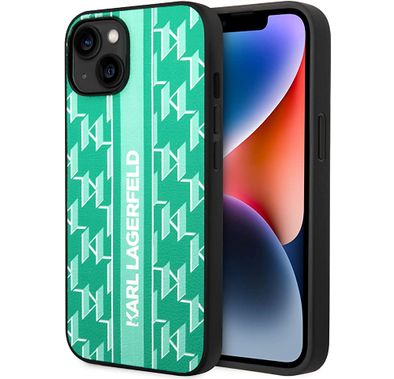 Karl Lagerfeld Grained PU Leather Case with Monogram Pattern & Vertical Logo iPhone 14 Compatibility - Green