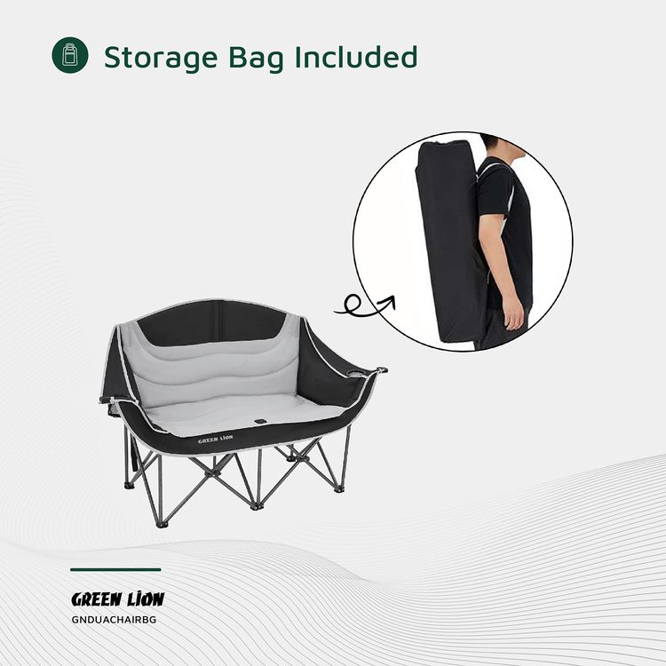 Green Lion Double Camping Chair, 600D Oxford Fabric + Steel Pipe Material, Camping Friendly, Safety Lock, Foldable Design, Easy Setup, Juice Glass Holders  - Gray / Black