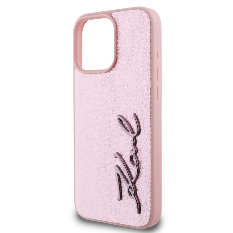 Karl Lagerfeld Wrinkled Design PU Hard Case with Metal Signature Logo for iPhone 16 Pro Max, Slim Profile, Comfortable Grip, Drop Protection, Lightweight, Sustainable Packing - Pink 