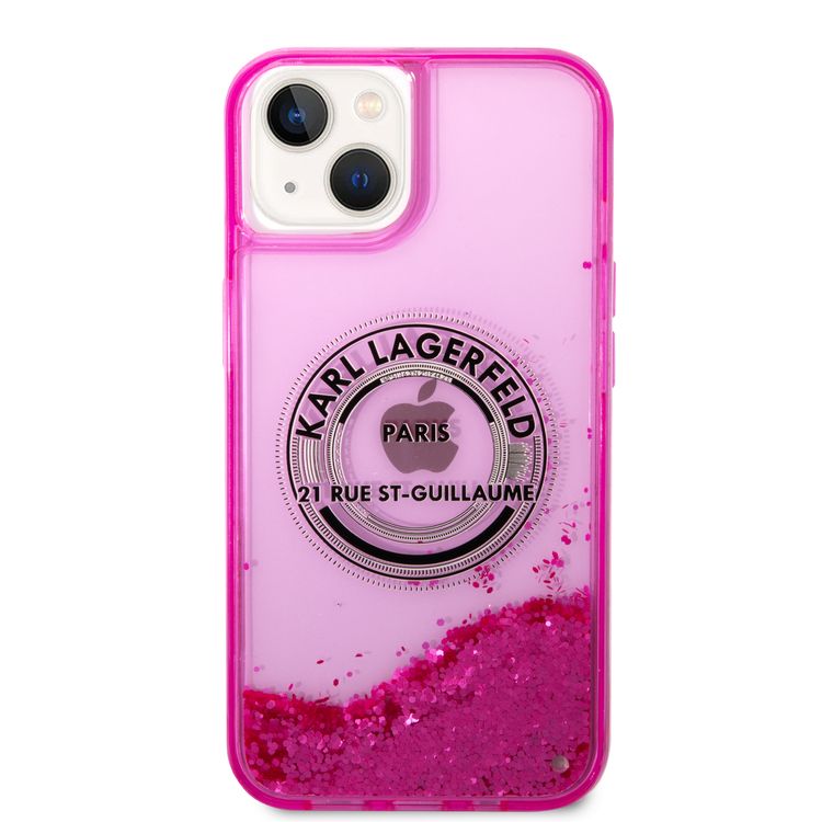 Karl Lagerfeld Liquid Glitter Case Silicone Round RSG Logo Ultra-Thin iPhone 14 Compatibility - Pink
