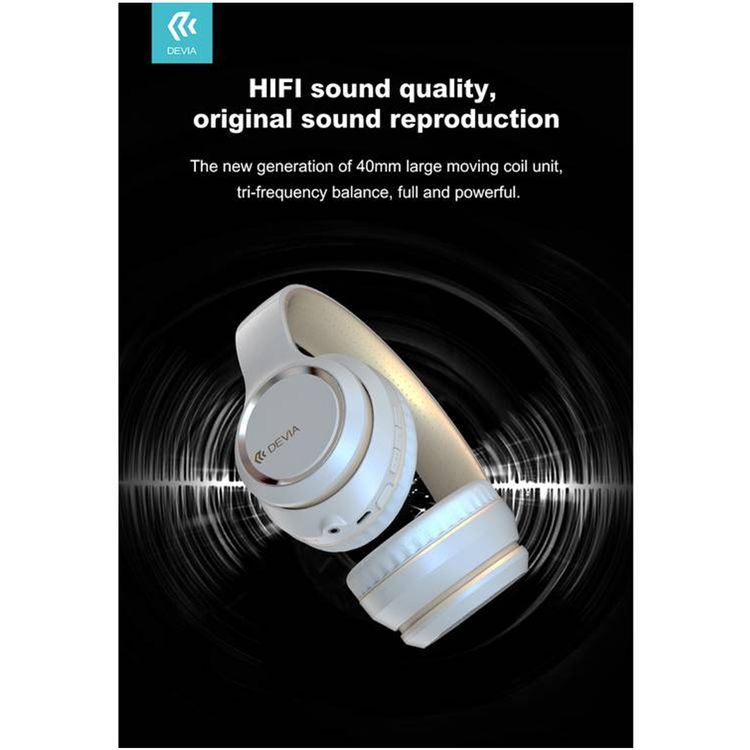 Devia Kintone Series Wireless Headset with HIFI Sound Quality, Hands-free Calling, Subwoofer Switch Button, 24 Hours Playtime, Foldable Design, Lightweight - White