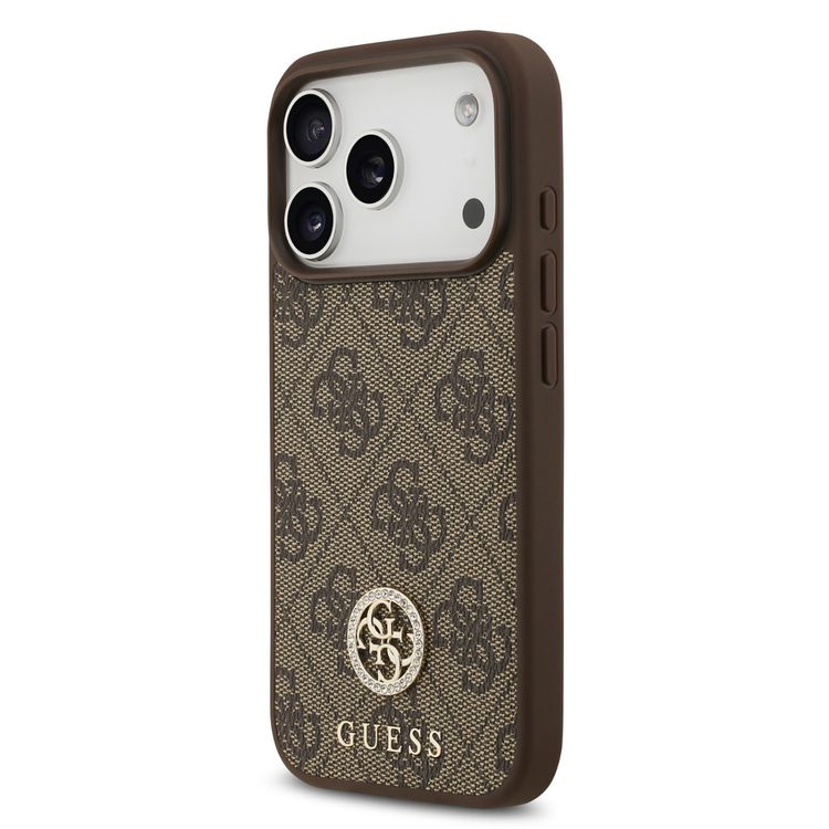 جراب جلد PU بتصميم كلاسيكي وشعار ستراس من Guess لهاتف iPhone 17 Pro مع خاصية MagSafe، تصميم خفيف الوزن، حماية من السقوط، سهل التركيب، بملف نحيف، تغليف مستدام، قبضة مريحة - بني