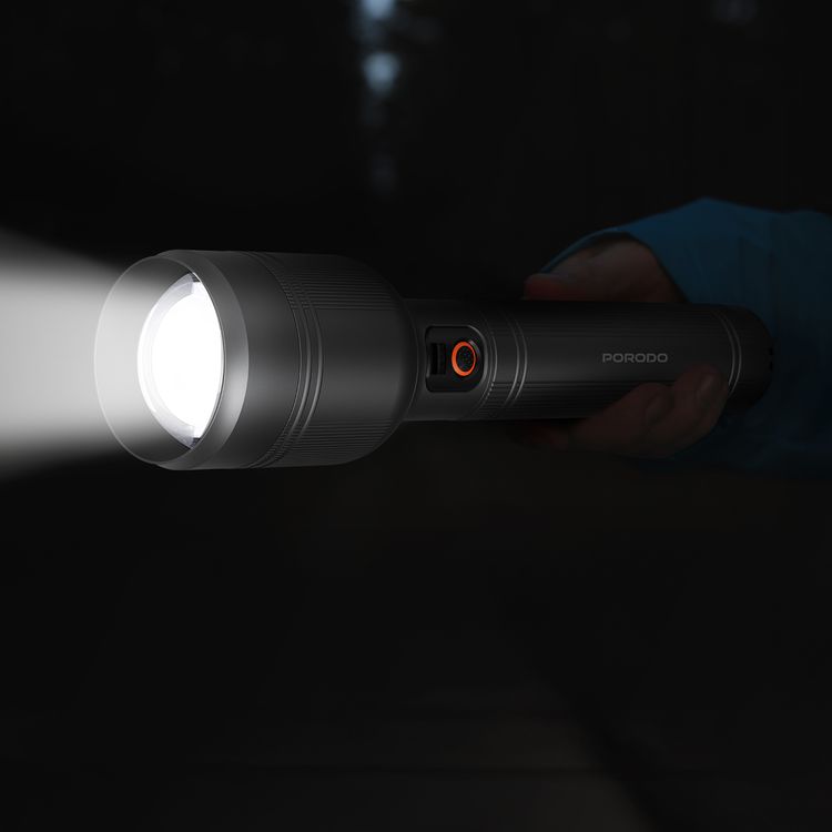Porodo Lumalite 2500 Lumens Rechargeable Flashlight with Manual Zoom Control, Up to 5.6 Hours Working Time, Up to 700m Coverage Area, 10000mAh Battery, USB-C Charging Interface, Ultra-Bright Beam, Multi-Mode Operation - Gray