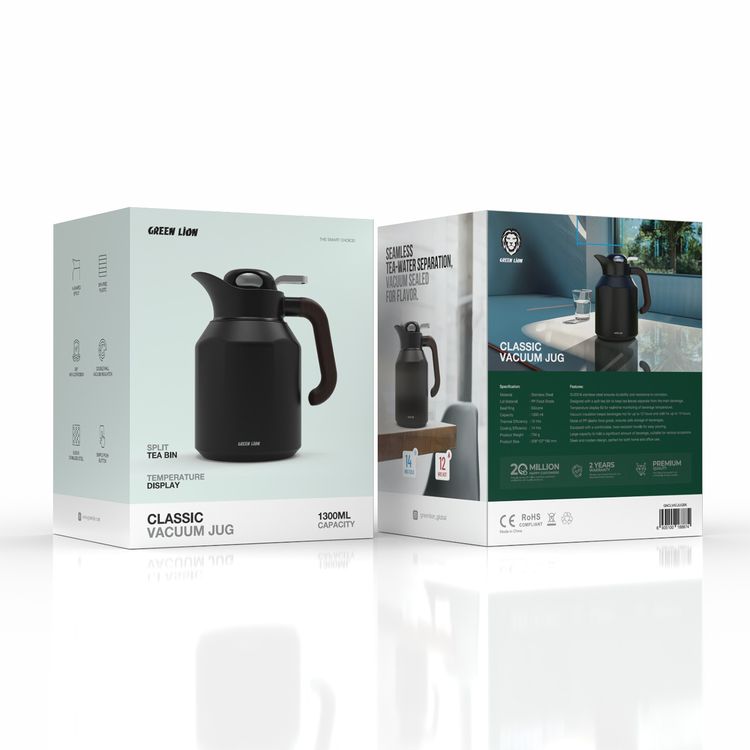 Green Lion Classic Vacuum Jug, V-Shaped Spout, 1300 mL Capacity, 12 Hours Thermal Efficiency, 14 Hours Cooling Efficiency, 360°-Anti-Corrosion, Simple Push Button - Black