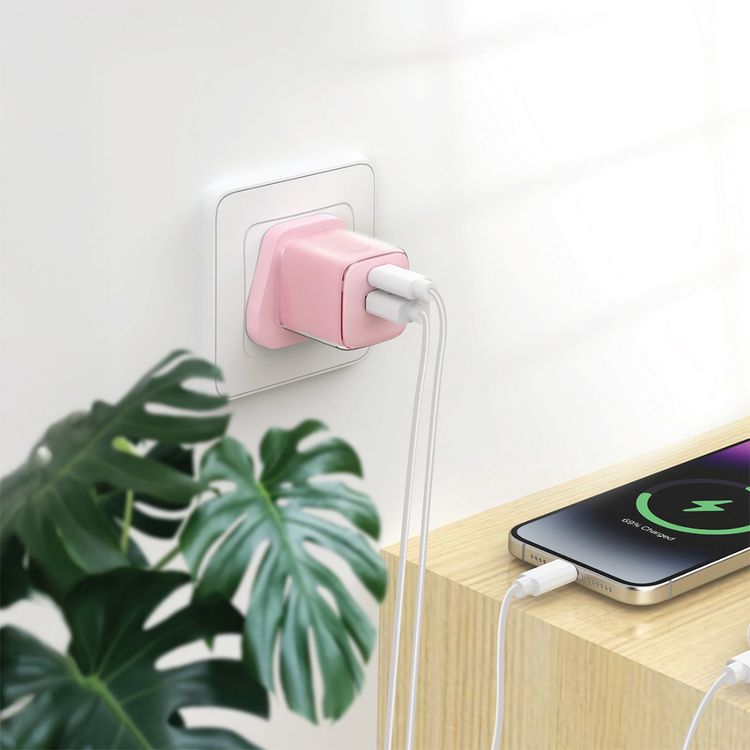 Green Lion Reva Dual Port Wall Charger with Fast Charge Support, 20W Power Delivery, 18W USB-A Output, Flame-Retardant Material, Multi-Device Charging, Built-in Safeguard - Pink