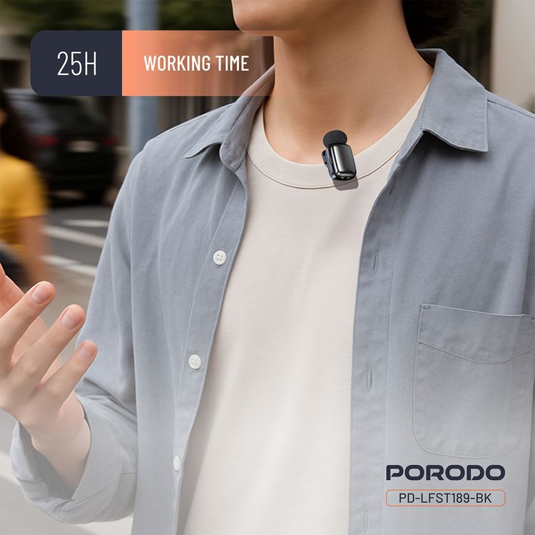 Porodo Wireless Lavalier Microphones with Lightning Connector, Noise Reduction, 33 Hours Working Time with Charging Case, 250mAh Case Battery Capacity, <22ms Latency, Plug & Play - Black