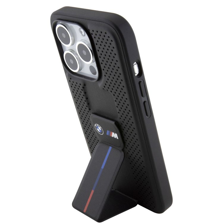BMW M Grip Stand PU Smooth Leather Case with Perforated Pattern for iPhone 15 Pro Max