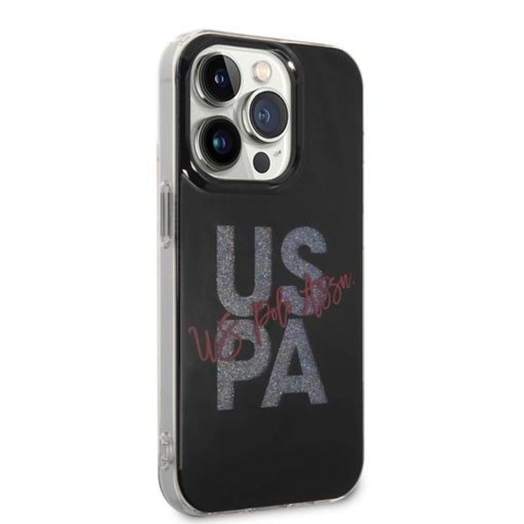 حافظة بطاقات لامعة من US Polo لهاتف iPhone 14 Pro - أسود