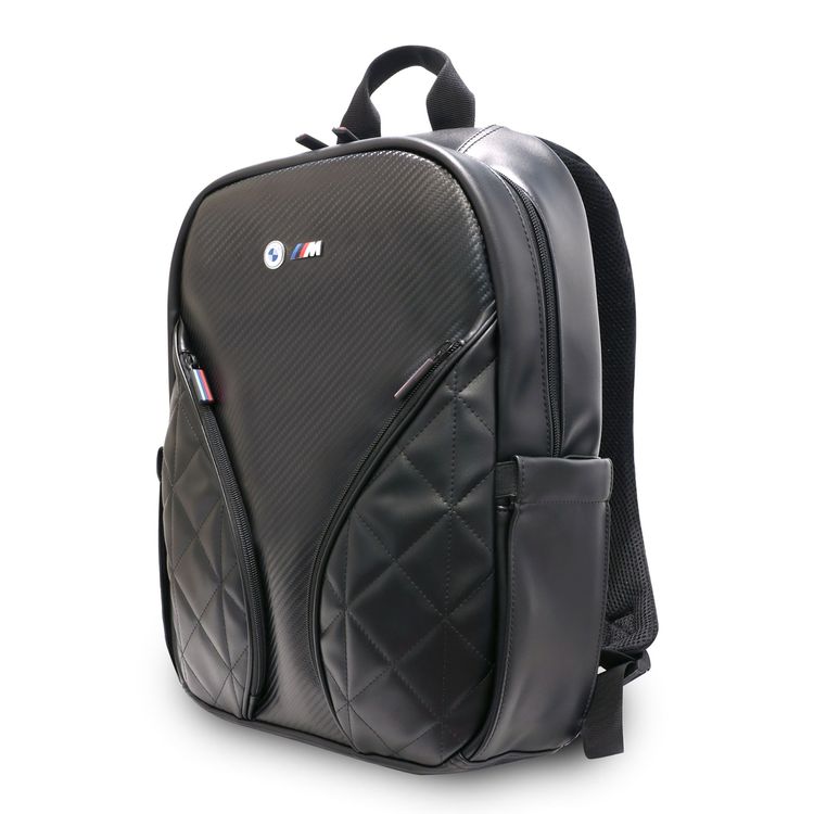 حقيبة ظهر من مجموعة BMW PU Leather & Carbon M مقاس 15 بوصة مع شعارات معدنية، تصميم مريح، مواد عالية الجودة، حزام قابل للتعديل - أسود.