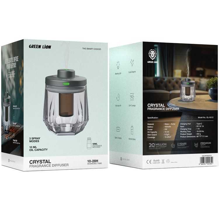 موزع العطر بالكريستال من غرين ليون مع زيت عطري 10 مل مرفق، يعمل حتى 28 ساعة، 3 أوضاع رش، سعة بطارية 400mAh، تغطية 20م²، ضوء تنفسي - رمادي