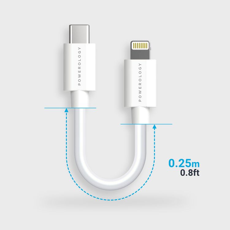 Powerology USB-C to Lightning Cable 0.25m, Fast Charging, Data Sync, Super Durable, Compatible with iPads, iPhones and Airpods/Airpods Pro to USB Type C Cable interface, (White)