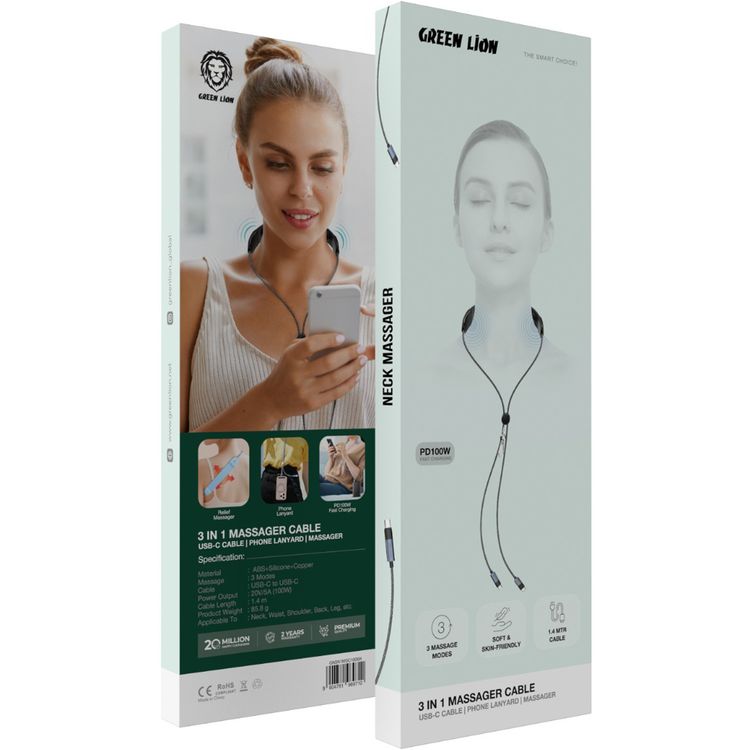 Green Lion 3-in-1 Massager Cable with Phone Lanyard Design, 1.4m Cable Length, 3 Massage Modes, USB-C to USB-C Cable with 100W Power Delivery, Soft & Skin-Friendly - Black
