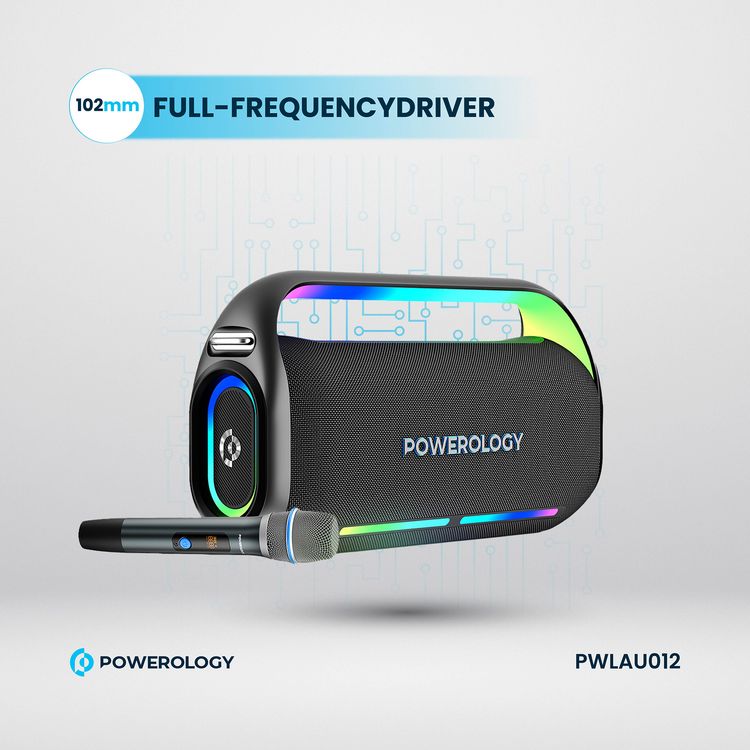 Powerology TWS Karaoke Speaker 150W with Mic and Remote, Bluetooth Version 5.0 + DSP, 18000mAh Battery Capacity, 12 Hours Working Time, 7.5 Hours Charging Time - Black