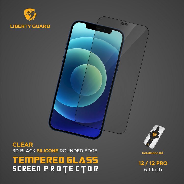 واقي شاشة Liberty Guard 3D بحواف دائرية من السيليكون الأسود لهاتف iPhone 12 Pro، مضاد للصدمات والتأثير - أسود