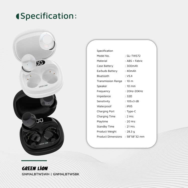 سماعات الأذن اللاسلكية الحقيقية جرين ليون مالبون مع تقنية ENC، وميكروفونات مزدوجة، ومنفذ شحن من نوع C، وإصدار بلوتوث 5.4. مدى بلوتوث 10 متر، بطارية علبة بسعة 300 مللي أمبير، وقت شحن ساعتين، ووقت استعداد 21 ساعة، عرض مستوى البطارية - أبيض