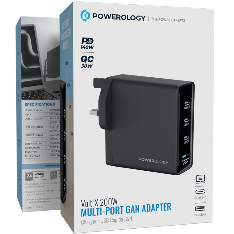 Powerology Volt-X 200W Multi-Port GaN Adapter with Heat Resistant Housing, Ultra-Fast Charging, Multi-Device Charging, QC 30W, 3 × USB-C Ports & 1 × USB-A Port, UK 3-Pin Plug - Black