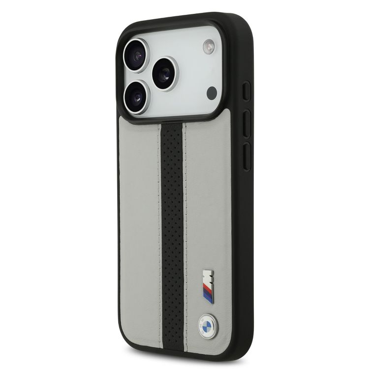 BMW PU Leather Case with Perforated Stripes & Metal Logos for iPhone 17 Pro Max, MagSafe Compatible, Sustainable Packaging, Drop Protection, Slim Profile, Easy Snap-On Design - Gray / Black