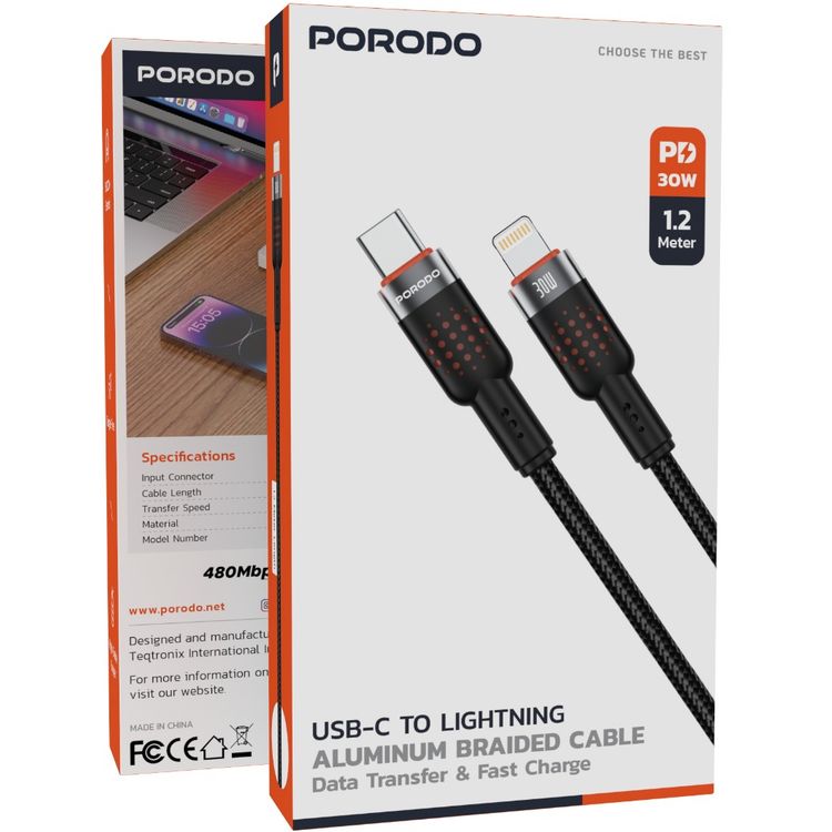 بورودو كابل مضفر من نوع C إلى لايتنينج بطاقة توصيل 30 واط، بطول كابل 1.2 متر، سرعة نقل 480 ميجابت في الثانية، عمر افتراضي لأكثر من 15,000 انحناء، تصميم خالٍ من التشابك - أسود.