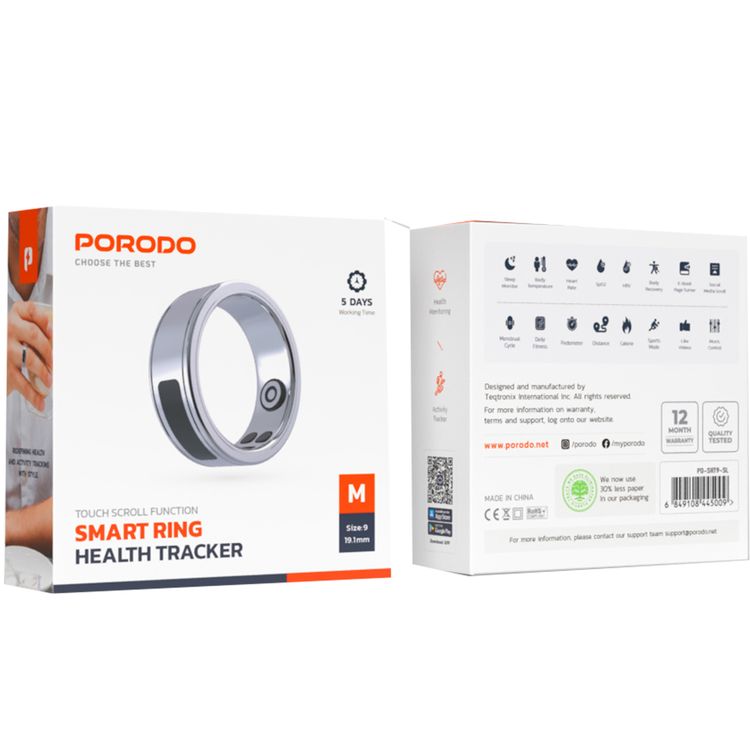 Porodo Wearable Smart Ring Size 9 with Touch Function, Anti-Bacterial Stainless Steel, Lithium Polymer Battery, 4.5g, 16mAh, 4-6 Days Working Time, IP68 Waterproof Rating, Compatible with OS Android 5.0+, iOS9.0+ - Silver