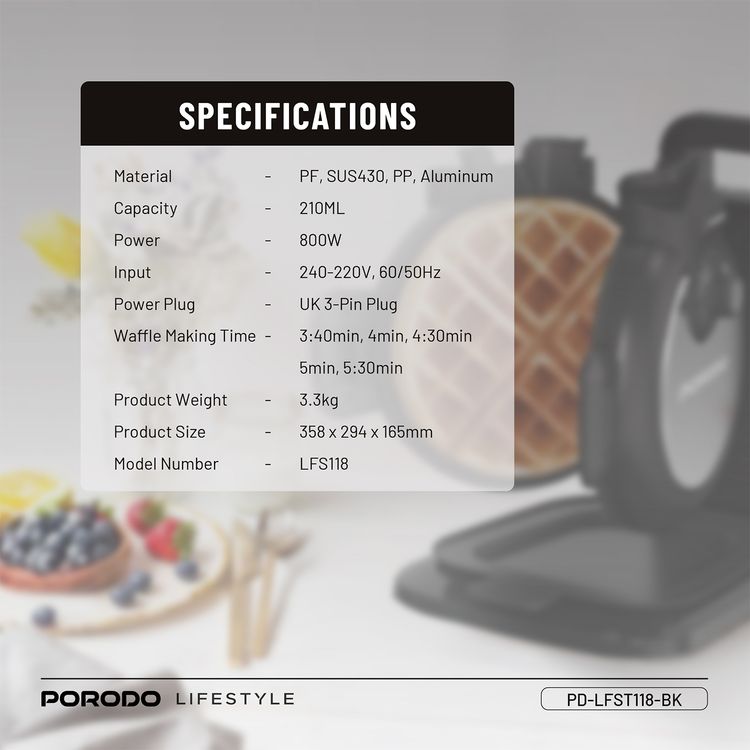 Porodo Vertical Waffle Maker with 5 Heat Levels, 210ml Capacity, 800W Power, Up to 5:30 Minutes Waffle Making Time, Non-Stick Plate, Batter Tray - Black