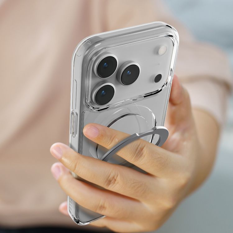 Levelo Verona MagSafe Kickstand Hybrid Case for iPhone 17 Pro, TPU, PC & Aluminum Material, Drop-Tested, Raised Bezels for Camera & Screen, Shock-Resistant Bumper, Multi-Functional Ring Kickstand - Transparent