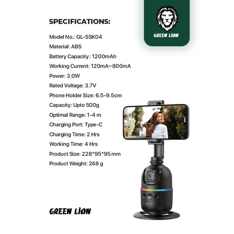 Green Lion Auto Track Gimbal, Multi-Device Support, Face Tracking, Gesture Detection, 3W Power, 1200mAh Battery, 1-4m Range,  6.5-9.5cm Phone Holder, Type-C Charging Port - Black