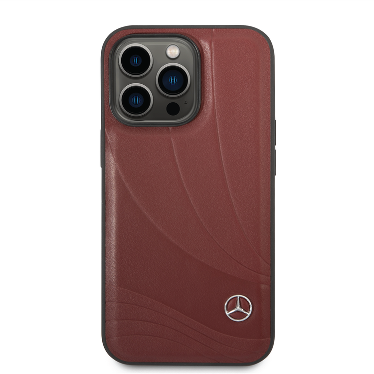 CG MOBILE Mercedes-Benz Genuine Leather Case With New WaveIII Pattern, Compatible w/ 14 Pro Max (6.7") Scratch & Drop Protection, Wireless Charger Compatibility - Red