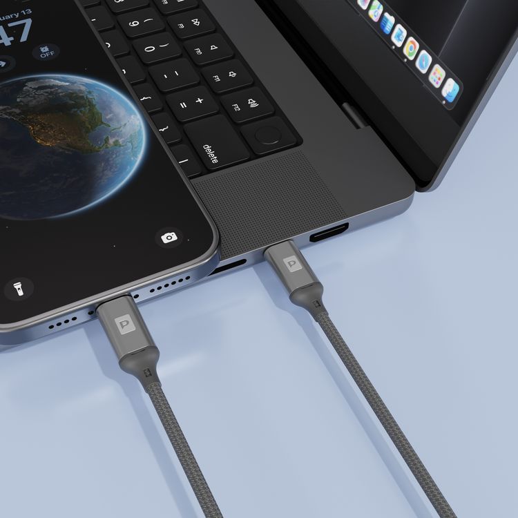 Powerology Power Sync Weave USB-C to Lightning Cable with 1.2m Length, 20000 Bends Lifespan, Braided Nylon Material, Tangle-Free Design, Fast Charge & Data Transfer, 30W Power Delivery - Dark Gray