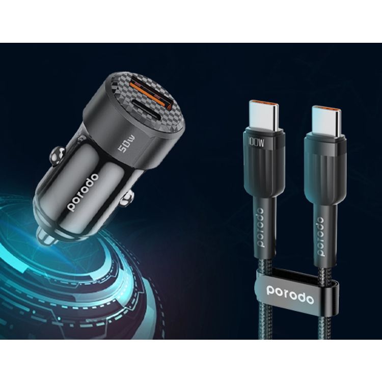 شاحن سيارة Porodo 50 وات بمنفذين مع كابل USB-C إلى USB-C، إجمالي خرج 50 وات، شحن متزامن، محمول، طول الكابل 1 متر - أسود