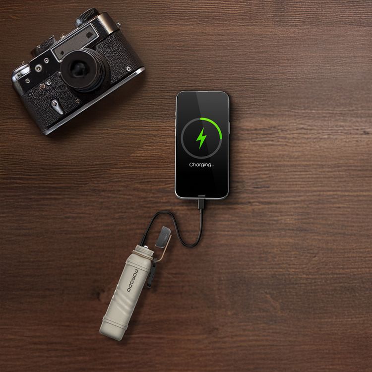 Porodo One Gear 5000mAh Power Bank with Flashlight, 110 Minutes Charging Time, 23 Hours Flashlight Working Time, Arc Lighter, Built-in Carabiner Hook, Adjustable Brightness - Khaki