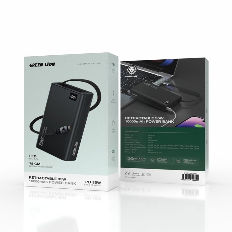 Green Lion Retractable 10000mAh Power Bank with 35W Power Delivery, LED Display, 75cm Cable Length, Type-C Port, Fast Charge Support - Black