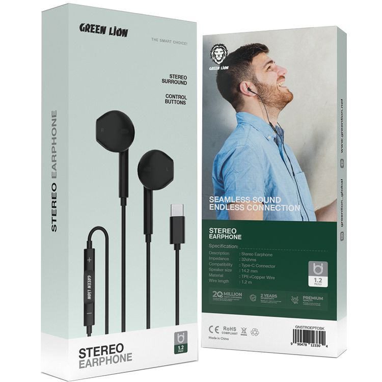 Green Lion Stereo Earphone with 1.2m Cable Length, Stereo Surround, Control Buttons, Type-C Connector, 32 Ω impedance, TPE+Copper Wire Material - Black  