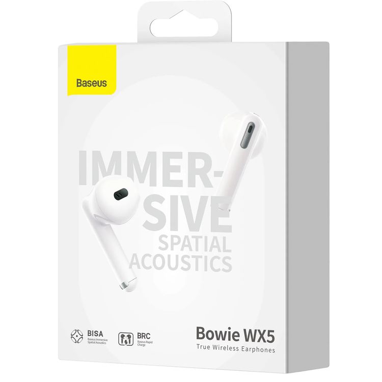 سماعات Baseus Bowie WX5 اللاسلكية الحقيقية، إلغاء الضوضاء النشط، أضواء مؤشّرة، واجهة شحن Type-C، وقت شحن 1 ساعة، 6.5 ساعات من وقت التشغيل - أبيض