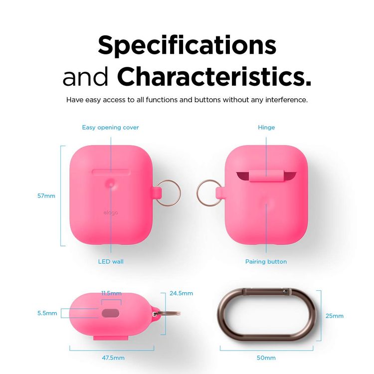 Elago Silicone Case with Anti-Lost Keychain Compatible with Apple AirPods 1/2 Wireless Charging Case, Front LED Visible, Anti-Slip Coating Inside, Premium Silicone - Neon Hot Pink