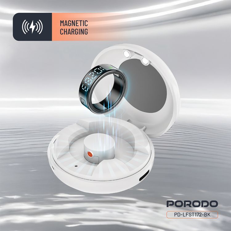 Porodo FitSync Smart Ring with Digital Display with Touch Scroll Function in Small Size 7, Up to 4 Days Active Use Time, 96KB Ram & 128KB ROM, Camera Gesture Control, Activity Tracking & 128 Sport Modes - Black