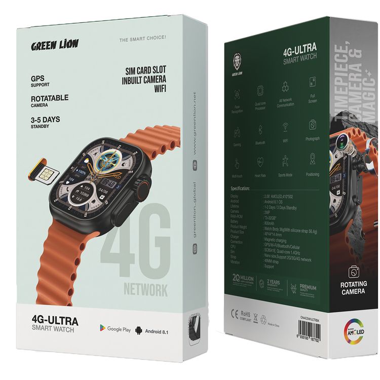 Green Lion 4G Ultra Smart Watch Android with Orange Strap 360° Rotatable Camera, Face Recognition, Android 8.1 OS, GPS Support, Magnetic Charging - Black 