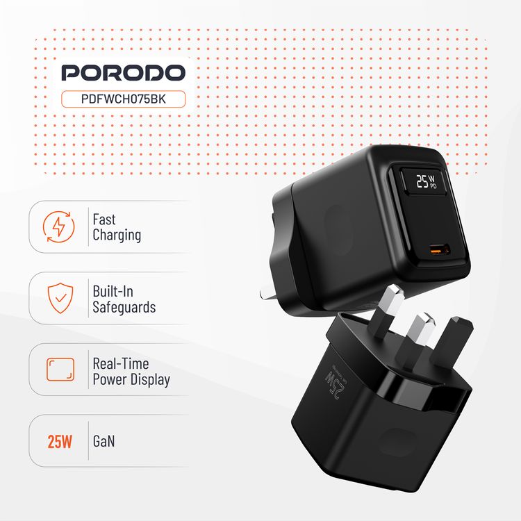 Porodo 25W Wall Charger with Single USB-C Port, High-Speed Efficient Charging, Digital Display, Built-in Safeguards, Fast Charging - Black