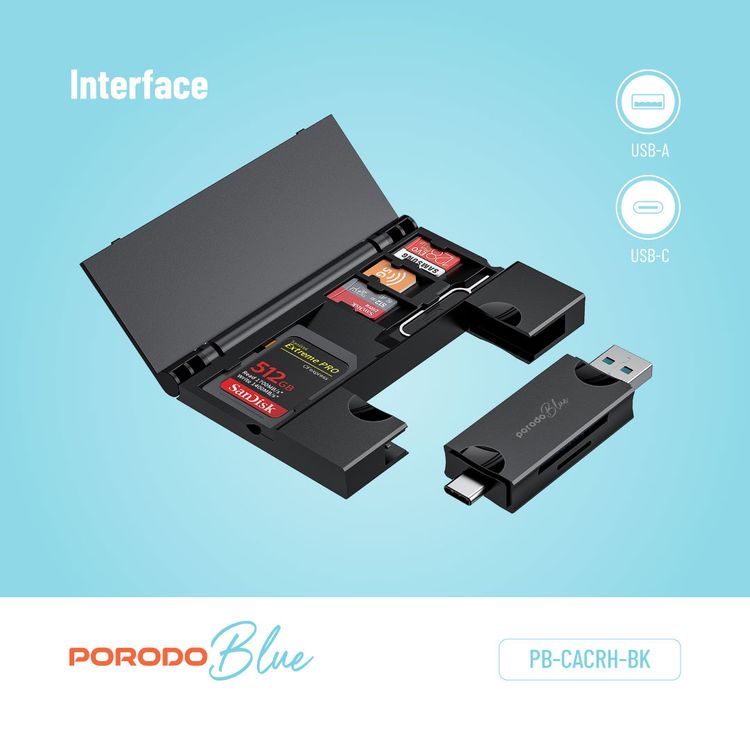 Porodo Blue 2-in-1 Card Reader with 5 Storage Slots, 5Gbps Data Transfer Speed, SD and Micro SD Card Slots, V3.0 USB and Type-C Connector, Compact and Portable - Black
