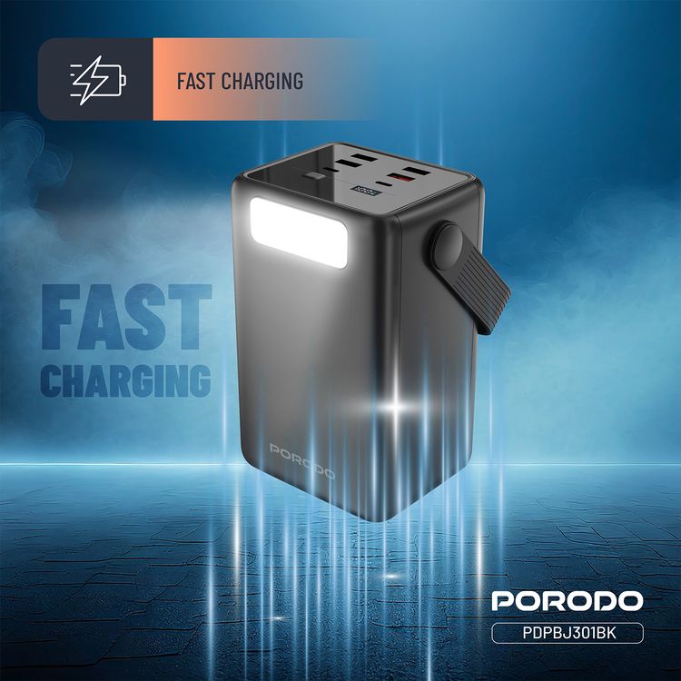 باور بانك بورودو لارا 80000 مللي أمبير/ساعة مع مصباح يدوي، مقبض محمول، PD 20 وات، شحن سريع، منفذين USB-A وUSB-C وMicro، 4 كابلات مدمجة، توافق عالمي - أسود