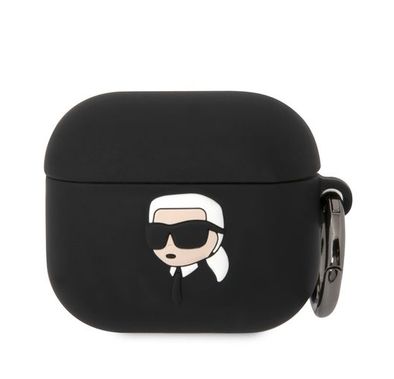 جراب كارل لاغرفيلد ثلاثي الأبعاد من السيليكون لسماعات AirPods 3، تصميم كارل غير قابل للاستبدال، خفيف الوزن، سهل التركيب، حماية من السقوط، سهل الحمل - أسود