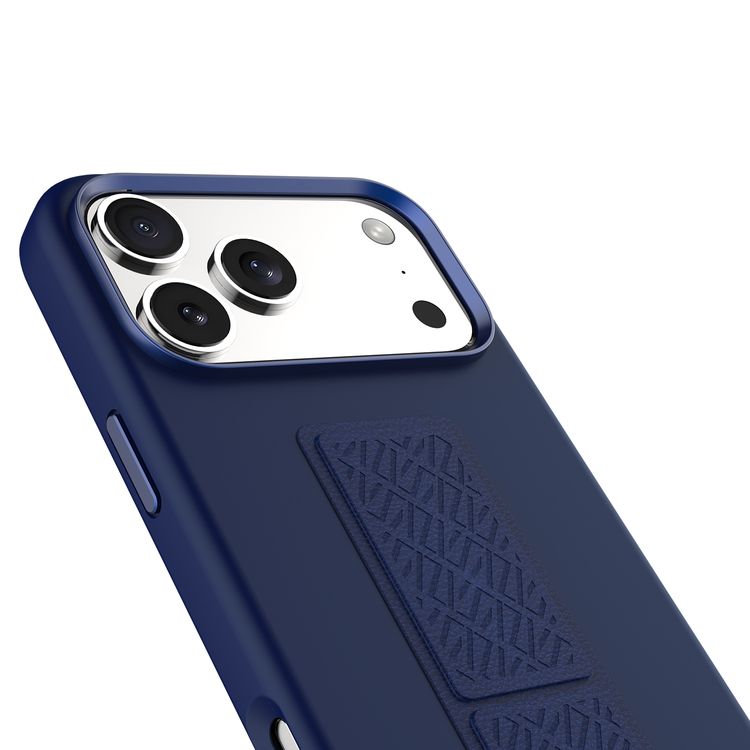 غطاء Levelo Morphix من السيليكون لهاتف iPhone 17 Pro Max، بمسند للعرض بدون استخدام اليدين، وبطانة داخلية من الألياف الدقيقة الأصلية، ومسند أفقي وعمودي، وواقي صدمات، وحواف بارزة لحماية الكاميرا والشاشة، وتصميم رفيع - لون أزرق داكن.