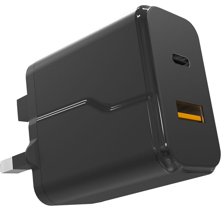 Porodo Dual Port Wall Charger with 20W Power Delivery, QC 18W, Fire Retardant Material, Overcurrent Protection, UK 3-Pin Plug, Built-in Protective Mechanisms - Black
